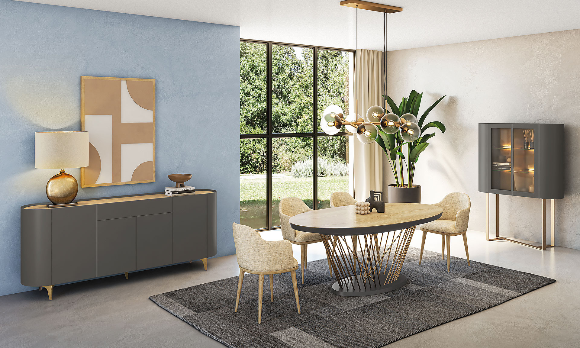 Photo d'une salle à manger avec une collection comprenant une table, une enfilade, une vitrine et des chaises. Les meubles présentent des finitions en laqué gris foncé maté, chêne naturel et des piétements en métal doré.