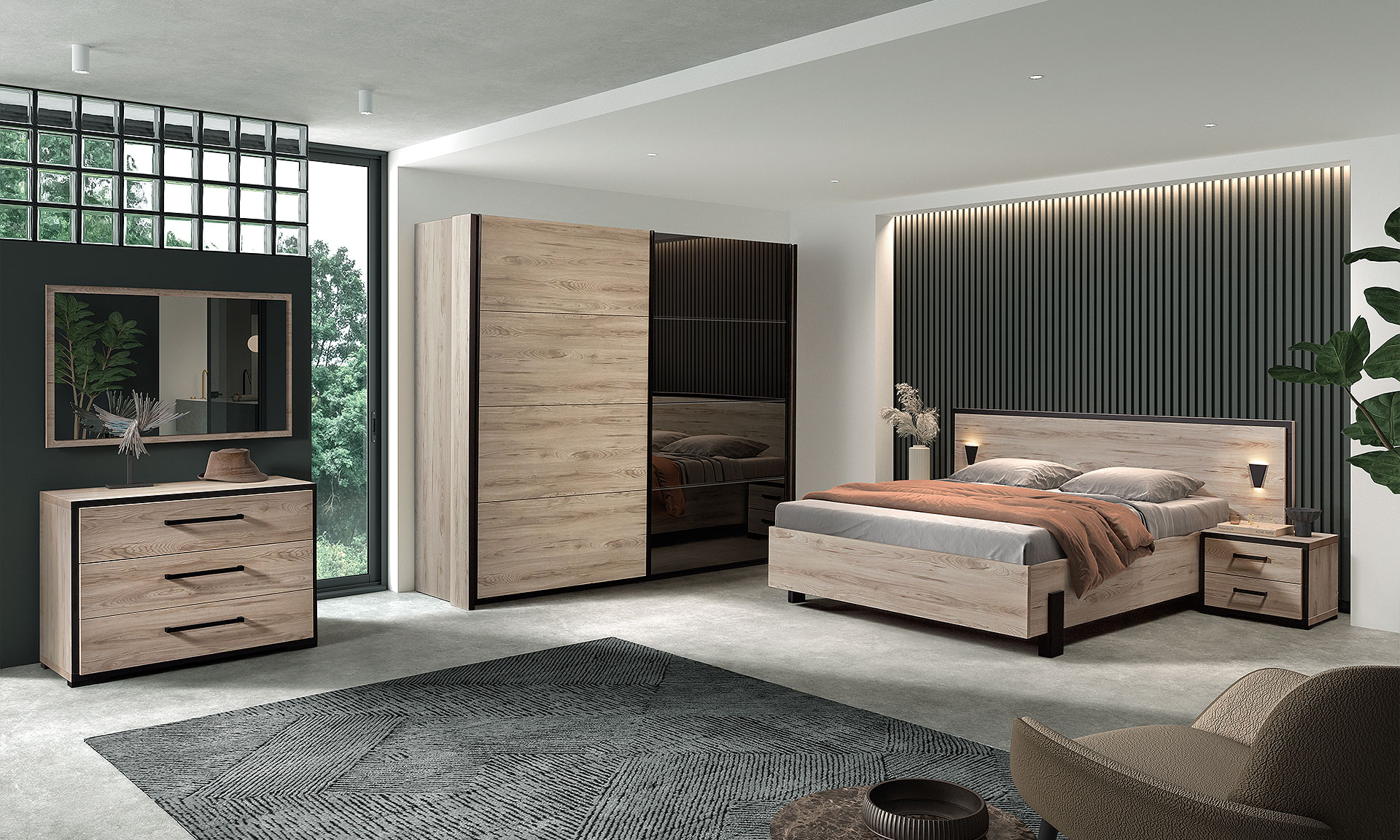 Chambre meublé d'une collection en bois naturel légèrement gris avec des lignes gris anthracite.